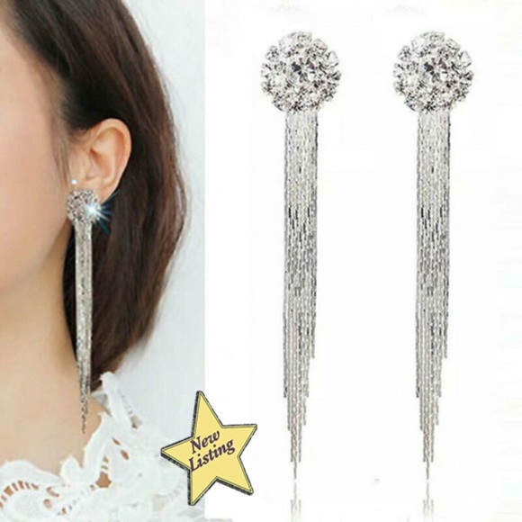 Long Silver Color Dangling Chain Tassel Crystal Earrings - Picture 4 of 7